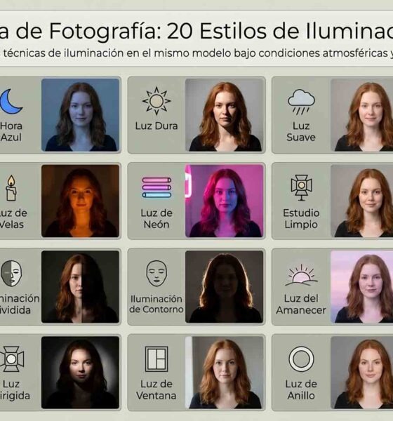 20 estilos de iluminación en fotografía con ejemplos de prompts para IA