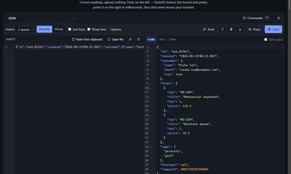 PasteKit el formateador online privado para JSON YAML y SQL